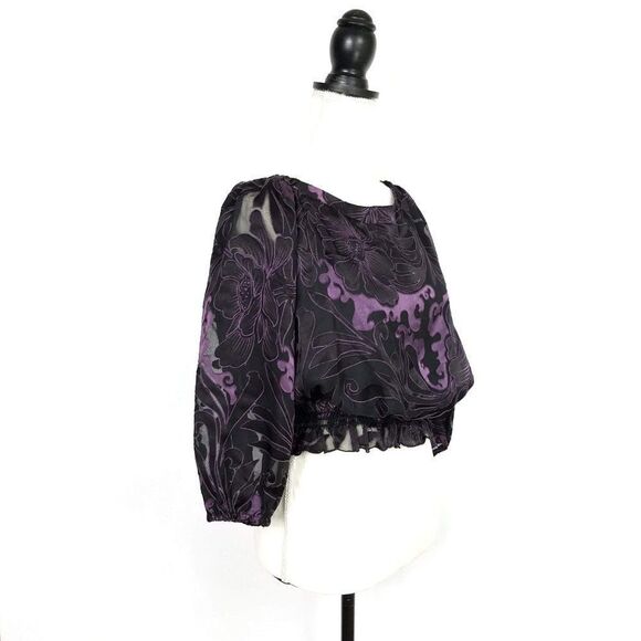 Helene Blake Black Purple Sheer Cropped Blouse Size Small - Picture 2 of 7